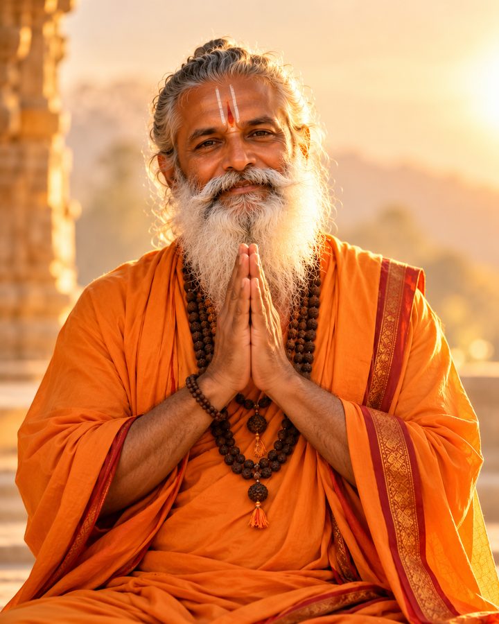 A smiling guruji in saffron robes greeting with folded hands