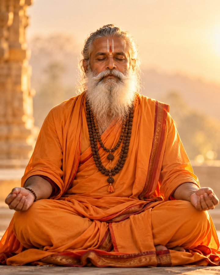 A guruji in saffron robes meditating peacefully in lotus pose at sunrise