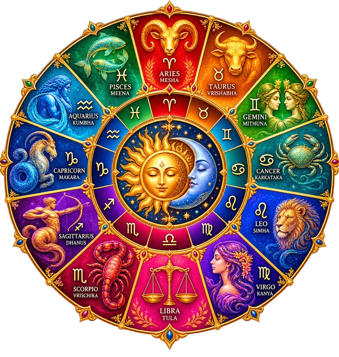 Vedic zodiac wheel with the twelve signs, Sun and Moon at the centre